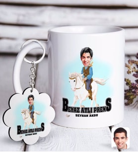 BK Gift Kişiye Özel Beyaz Atlı Prens Karikatürlü Beyaz Kupa ve Anahtarlık Hediye Seti-3 (Model 1)