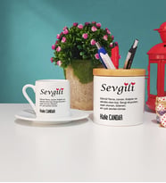 Sevgililer Günü Hediyesi Sevgili Tasarımlı Kişiye Özel Sevgililer Günü Hediyesi Türk Kahvesi Fincanı ve Kalemlik Hediye Seti