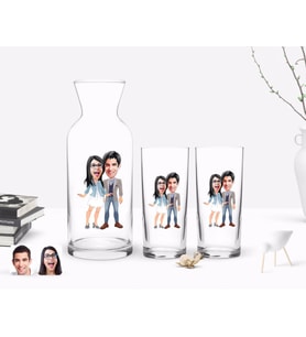 BK Gift Kişiye Özel Renkli Baskılı Sevgililer Karikatürlü İkili Rakı Bardağı ve Karaf Hediye Seti-81 (Model 1)