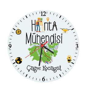 Biresimden Harita Mühendisine Hediye İsim Baskılı Kişiye Cam Duvar Saati