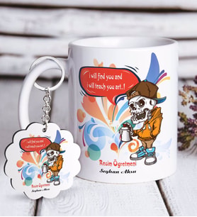 BK Gift Kişiye Özel Resim Öğretmeni Beyaz Kupa ve Anahtarlık Hediye Seti-1 (Model 1)