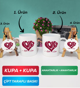 İkili Love Tasarımlı Sevgililer Günü Hediyesi Kupa Bardak Anahtarlık