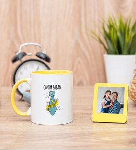 Babalar Günü Hediyesi Sarı Kupa Bardak ve Sarı Mini Fotoğraf Çerçevesi