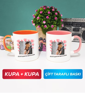 İkili Sevgiliye Sevgililer Günü Hediyesi 12 Kupa Bardak Turuncu Pembe