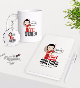 BK Gift Kişiye Özel Çince Öğretmeni Kupa Anahtarlık Beyaz Defter Kalem Hediye Seti (Model 1)