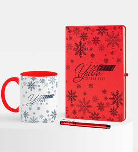 BK Gift Kişiye Özel Yılbaşı Mutlu Yıllar Temalı Kırmızı Defter Kalem Kupa Seti - 17