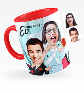 BK Gift Kişiye Özel Evleniyoruz Karikatürlü Kırmızı Kupa Bardak  2