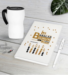 BK Gift Kişiye Özel İlk Babalar Günün Kutlu Olsun Beyaz Defter Kalem Termos Mug Seti-5 (Model 1)