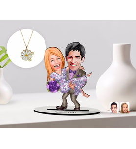 BK Gift Kişiye Özel Sevgililer Karikatürlü 3D Ahşap Biblo ve Çift İsimli Papatya Kolye Seti-56 (Model 1)