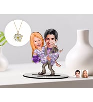 BK Gift Kişiye Özel Sevgililer Karikatürlü 3D Ahşap Biblo ve Çift İsimli Papatya Kolye Seti-56 (Model 1)