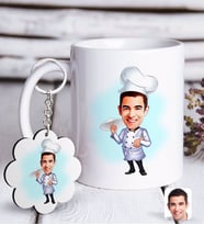 BK Gift Kişiye Özel Erkek Chef Karikatürlü Beyaz Kupa ve Anahtarlık Hediye Seti-4 (Model 1)
