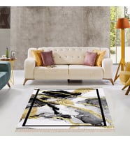 Mermer Desenli Gold Şeritli Çerçeveli Dijital Baskı Yıkanabilir Kaymaz Taban Modern Salon Halısı (Siyah - Beyaz)