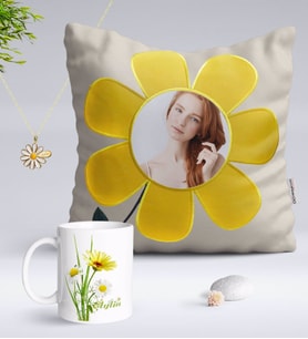 BK Gift Kişiye Özel Fotoğraflı Papatya Yastık Kupa ve İsimli Papatya Kolye-11 (Model 1)