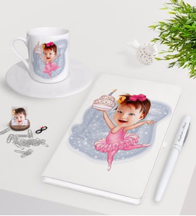 BK Gift Kişiye Özel Bebek Doğum Günü Karikatürlü Beyaz Defter Kalem Türk Kahvesi Fincanı Seti-3 (Model 1)