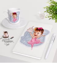 BK Gift Kişiye Özel Bebek Doğum Günü Karikatürlü Beyaz Defter Kalem Türk Kahvesi Fincanı Seti-3 (Model 1)