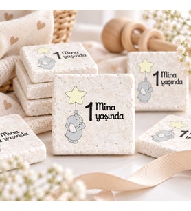 30 Adet Kişiye Özel Baskılı Doğal Taş Magnet 5x5cm Doğum Günü, Hoşgeldin Bebek (Beyaz)