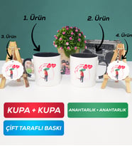 İkili Siyah Siyah Sevgiliye Sevgililer Günü Hediyesi 3 Kupa Bardak Anahtarlık