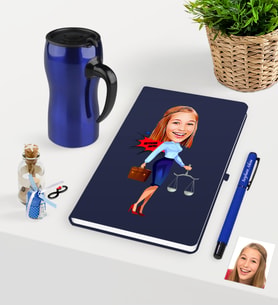 BK Gift Kişiye Özel Bayan Avukat Karikatürlü Lacivert Defter Kalem Termos Mug Seti - 3 (Model 1)