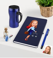 BK Gift Kişiye Özel Bayan Avukat Karikatürlü Lacivert Defter Kalem Termos Mug Seti - 3 (Model 1)