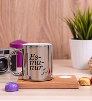 İsme Özel Heceli Ahşap Altlıklı Mumlu Silver Kupa Bardak