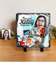 BK Gift Kişiye Özel Bayan Bankacı Karikatürlü Dekoratif Doğal Taş  1
