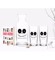 BK Gift Kişiye Özel Renkli Baskılı Sevimli Korkunç Yüz Tasarımlı İkili Rakı Bardağı Karaf ve Cep Kitabı Hediye Seti-1 (Model 1)
