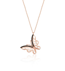 Papatya Silver 925 Ayar Rose Kaplama Siyah Taşlı Gümüş Kelebek Kolye