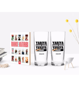 BK Gift Kişiye Özel Renkli Baskılı Yarıya Kadar Değil Yaraya Kadar Tasarımlı İkili Rakı Bardağı ve Rakı Cep Kitabı Hediye Seti-2 (Model 1)
