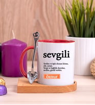 Sevgili Kelime Anlamı Ahşap Altlıklı Kırmızı Kupa Bardak