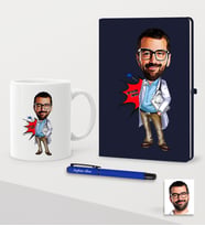 BK Gift Kişiye Özel Bay Doktor Karikatürlü Lacivert Defter Kalem Kupa Seti - 3 (Model 1)