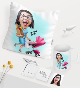 BK Gift Kişiye Özel Ev Hanımı Anne Karikatürlü Beyaz Kupa Ayna Yastık Seti - 1 (Model 1)