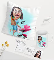 BK Gift Kişiye Özel Ev Hanımı Anne Karikatürlü Beyaz Kupa Ayna Yastık Seti - 1 (Model 1)