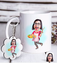 BK Gift Kişiye Özel Bayan Ressam Karikatürlü Beyaz Kupa ve Anahtarlık Hediye Seti-1 (Model 1)