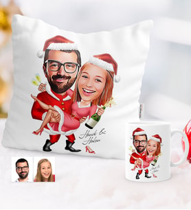 BK Gift Kişiye Özel Yılbaşı Temalı Sevgililer Karikatürlü Yastık Kupa Seti - 2