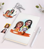 BK Gift Kişiye Özel Anne Kız Karikatürlü Beyaz Defter Kalem ve Anahtarlık Hediye Seti-2 (Model 1)