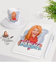 BK Gift Kişiye Özel Bayan İsimli Karikatürlü Beyaz Defter Kalem Türk Kahvesi Fincanı Seti-1 (Model 1)