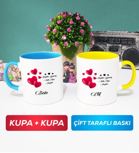 İkili Sevgililer Günü Hediyesi Kupa Bardak Mavi Sarı