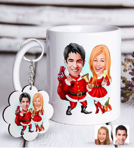 BK Gift Kişiye Özel Yeni Yıl Sevgililer Karikatürlü Beyaz Kupa ve Anahtarlık Hediye Seti-3 (Model 1)