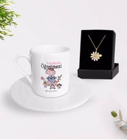 BK Gift Kişiye Özel Anaokulu Öğretmeni Türk Kahvesi Fincanı ve İsimli Papatya Kolye Hediye Seti-2 (Model 1)