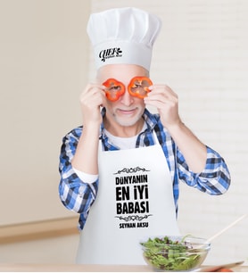 BK Gift Kişiye Özel Dünyanın En İyi Babası Erkek Mutfak Önlüğü ve Aşçı Şapkası Seti-6 (Beyaz)