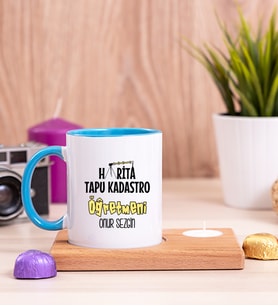 Harita Tapu Kadastro Öğretmeni Ahşap Altlıklı Mumlu Mavi Kupa Bardak