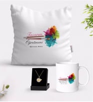 BK Gift Kişiye Özel Tasarım Öğretmeni Beyaz Kupa Yastık ve İsimli Papatya Kolye Hediye Seti-2 (Model 1)