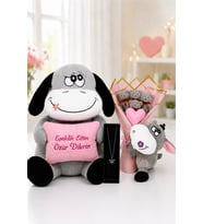 Sevgiliye Özür Hediyesi Peluş Eşek Hediye Seti – Mini Eşekli Peluş Buket, Gümüş Kolye (GRİ)