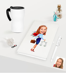 BK Gift Kişiye Özel Bayan Avukat Karikatürlü Beyaz Defter Kalem ve Termos Mug Seti - 3 (Model 1)