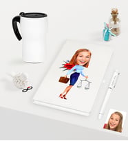 BK Gift Kişiye Özel Bayan Avukat Karikatürlü Beyaz Defter Kalem ve Termos Mug Seti - 3 (Model 1)