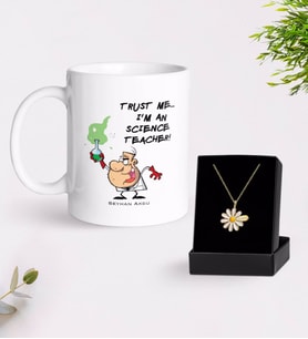 BK Gift Kişiye Özel Fen Bilimleri Öğretmeni Beyaz Kupa ve Papatya Kolye Hediye Seti-5 (Model 1)