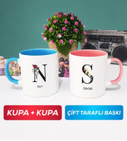 İkili Kişiye Özel Baş Harf ve İsim Yazılı Kupa Bardak Mavi Pembe