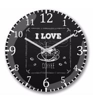 I Love Coffe Siyah Zemin  Duvar Saati Bombeli Gercek Cam