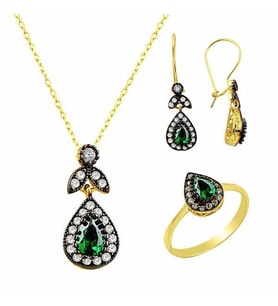 Üçlü Set Yeşil Zümrüt 6,85 Gram 14 Ayar Altın (Çok Renkli)