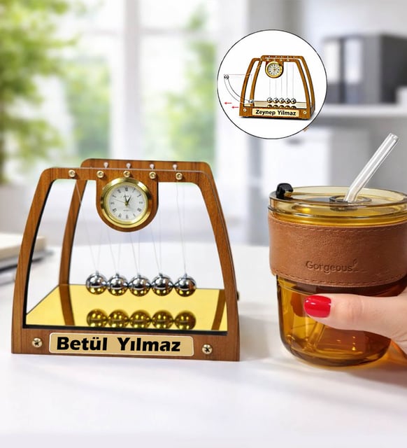 Kişiye Özel AHŞAP Newton Denge Topları & Cam Pipetli Deri Bardak Premium Hediye Seti